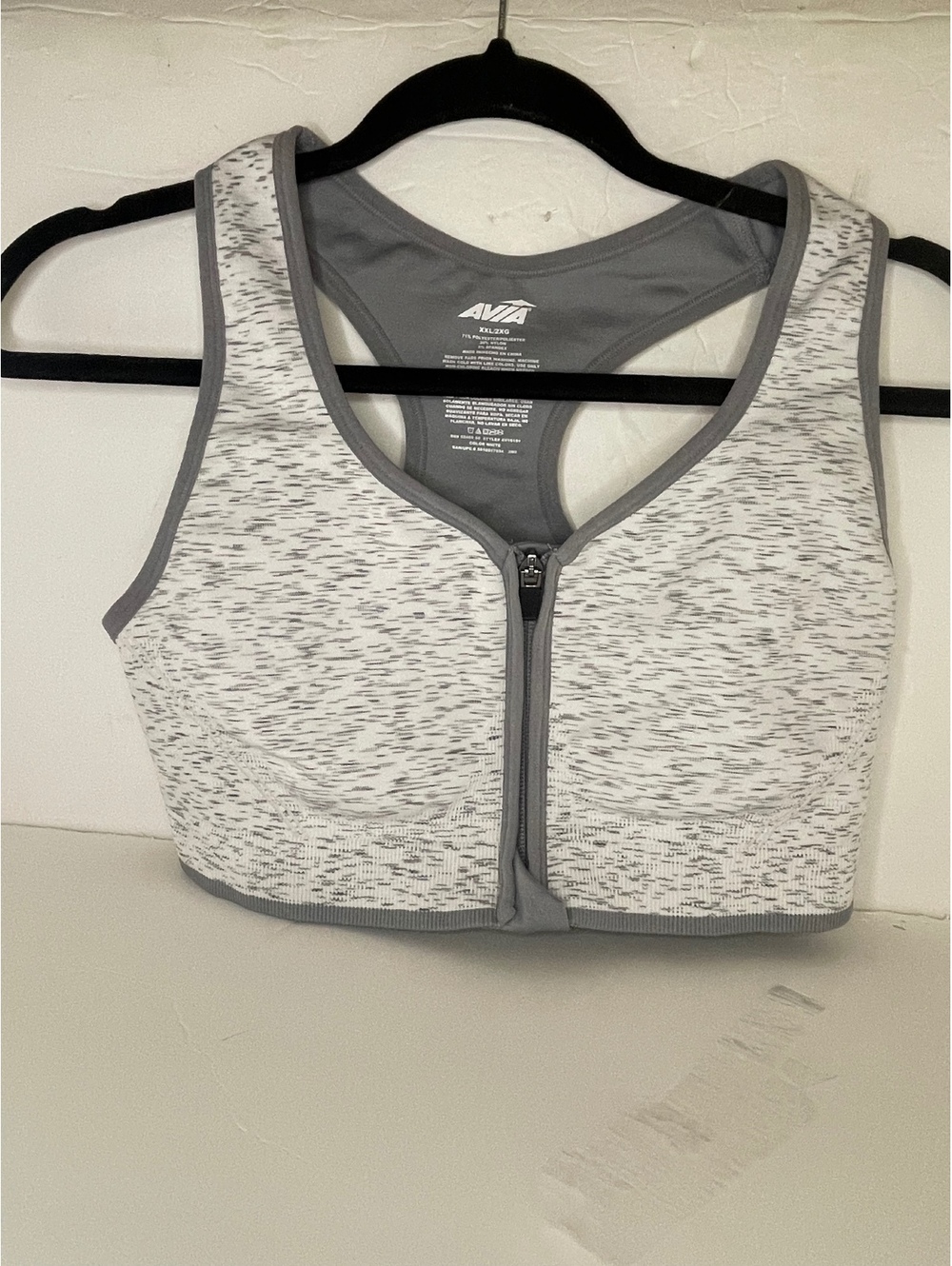 AVIA Sports Bra Womens XXL 2X Front Zip Racerback Padded White Gray